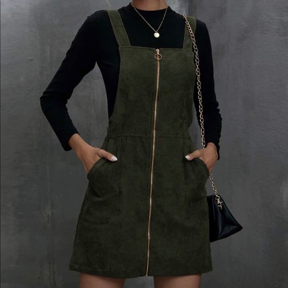 Army Green SHEIN O-Ring Zip Up Corduroy Dress
